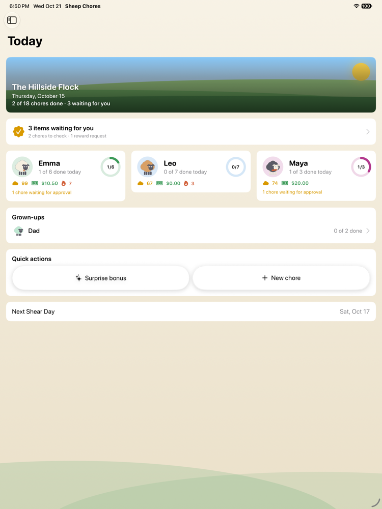 The parent Today screen on an iPad: a morning briefing with the live sky, per-kid rings, pending approvals and balances