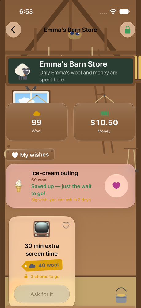 The Barn Store on an iPhone: inside the barn, with plank walls, a hayloft and a lantern, the kid's name chalked on a board, and reward cards with price tags on plank shelves