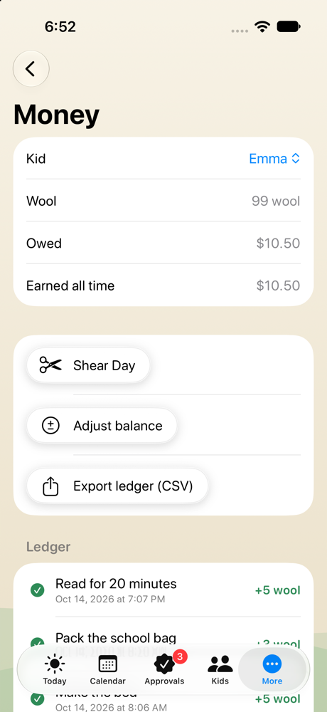 The Money screen on an iPhone: a per-kid ledger with chore rewards, allowance and a Shear Day payout